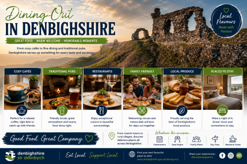 Branded dining out in Denbighshire graphic featuring castle ruins at sunset, with panels for cosy cafés, traditional pubs, restaurants, family-friendly venues, local produce, and places to stay. Why Move to Denbighshire