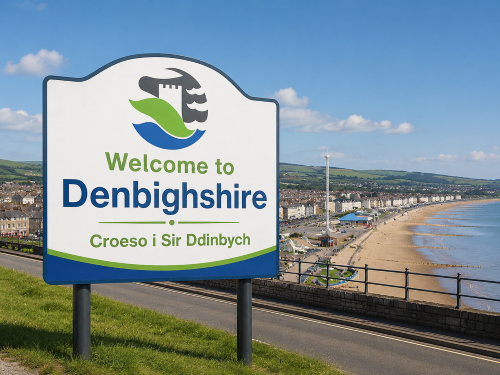 Welcome to Denbighshire road sign overlooking a coastal town, beach, promenade, and green North Wales countryside.