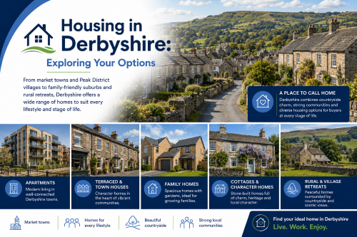 Branded housing in Derbyshire illustration showing apartments, terraced town houses, family homes, stone cottages, and rural village retreats, with Peak District hills, dry stone walls, countryside, and Derbyshire village scenery. Why Move to Derbyshire