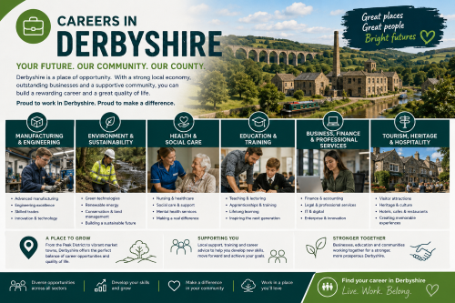 Branded careers in Derbyshire illustration showing manufacturing, sustainability, health and social care, education, business services, tourism, heritage, and hospitality, with Peak District countryside, stone buildings, river, canal boat, and viaduct in the background. Why Move to Derbyshire