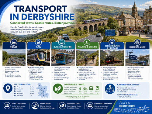 Branded transport in Derbyshire illustration showing road, rail, bus, walking, cycling, scenic routes, and regional links, with Peak District hills, market towns, stone buildings, a railway viaduct, and countryside views. Why Move to Derbyshire