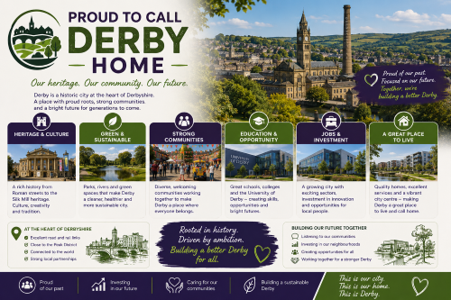 Branded Proud to Call Derby Home illustration showing Derby’s heritage, green spaces, community, education, jobs, investment, housing, city landmarks, riverside scenery, and Derbyshire countryside. Why Move to Derbyshire