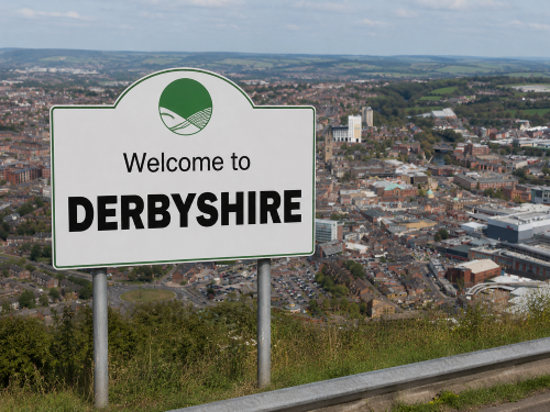 Welcome to Derbyshire road sign overlooking an urban Derbyshire townscape, surrounding countryside, green hills, roads, and buildings, with no website shown. Why Move to Derbyshire