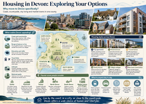 Infographic titled “Housing in Devon: Exploring Your Options”, showing Devon’s coast, countryside, city centres and a county map highlighting Exeter, Plymouth, Torbay, North Devon, South Devon, Dartmoor and Exmoor. The graphic presents housing styles across Devon, including city apartments, period terraces, coastal homes, family houses, village cottages and new-build communities, with reasons to move such as outdoor lifestyle, education, transport links, national parks, market towns and varied places to live. Why Move to Devon