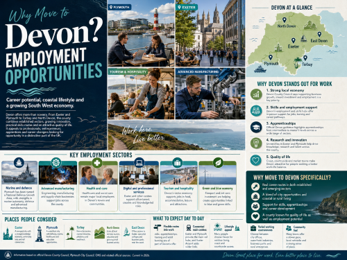 Infographic titled “Why Move to Devon? Employment Opportunities”, showing Plymouth, Exeter, coastal workplaces, hospitality, advanced manufacturing and a Devon map highlighting North Devon, Exeter, Plymouth, Torbay and East Devon. The graphic explains Devon’s employment strengths, including marine and defence, advanced manufacturing, health and care, digital and professional services, tourism and hospitality, green and blue economy roles, apprenticeships, skills support and quality of life. Why Move to Devon