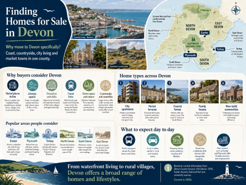 Infographic titled “Finding Homes for Sale in Devon”, showing Devon’s coastline, Exeter city life, Dartmoor countryside and a county map highlighting North Devon, East Devon, Exeter, Plymouth, Torbay and South Devon. The graphic explains why buyers consider Devon, including varied places to live, coastal lifestyle, education, travel links, green space, community amenities and home types such as city apartments, period terraces, coastal homes, family houses and new-build communities. Why Move to Devon