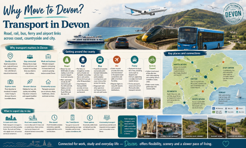 Infographic titled “Why Move to Devon? Transport in Devon”, showing coastal roads, a train, bus, ferry, Exeter Airport plane and a county map highlighting key connections across North Devon, East Devon, Exeter, Plymouth, Torbay and South Devon. The graphic explains Devon’s transport options, including road, rail, bus, air, ferry and active travel, with practical guidance on rural and coastal travel, public transport planning, ticket options and everyday connectivity. Why Move to Devon