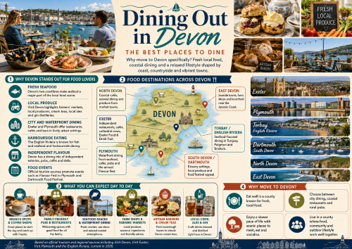 Infographic titled “Dining Out in Devon: The Best Places to Dine”, featuring waterfront seafood dining, cream teas, local produce, artisan bakeries and a county map highlighting North Devon, East Devon, Exeter, Plymouth, Torbay and South Devon. The graphic promotes Devon’s food scene, including fresh seafood, farm shops, farmers’ markets, city and waterfront restaurants, harbourside eating, independent cafés, pubs, local cider, ales, gin and food festivals. Why Move to Devon