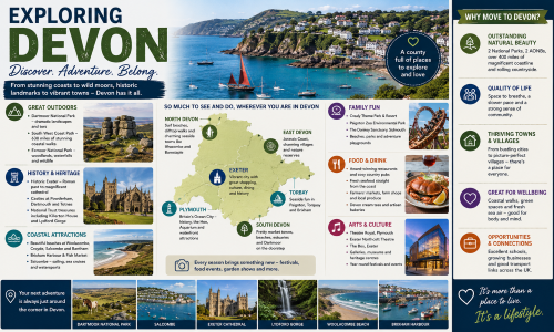 Infographic titled “Exploring Devon”, showing Devon’s coastline, countryside, Dartmoor, Exeter, Plymouth, Torbay, North Devon, East Devon and South Devon. The graphic highlights Devon attractions including national parks, coastal walks, historic landmarks, beaches, family days out, food and drink, arts and culture, and local destinations such as Exeter Cathedral, Salcombe, Lydford Gorge, Woolacombe Beach and Brixham Harbour. Why Move to Devon