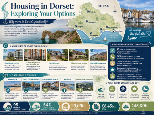 Infographic titled “Housing in Dorset: Exploring Your Options”, showing the Jurassic Coast, Dorset countryside, harbour homes and a county map highlighting Bournemouth, Poole, Christchurch, Dorchester, Bridport, Weymouth and Shaftesbury. The graphic outlines Dorset housing options including coastal apartments, character terraces, family houses, village cottages and new-build developments, while explaining why buyers choose Dorset for coastal living, countryside access, historic towns, local universities, transport planning, businesses, GVA and jobs. Why Move to Dorset
