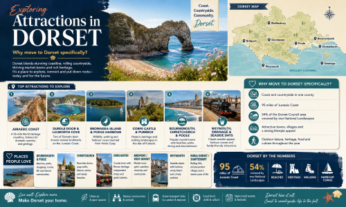 Infographic titled “Exploring Attractions in Dorset”, showing Durdle Door on the Jurassic Coast, a Dorset map highlighting Bournemouth, Poole, Christchurch, Dorchester, Weymouth, Bridport, Shaftesbury and Swanage, and key attractions across the county. The graphic promotes Dorset’s coast, countryside, heritage, beaches, harbour towns, walking routes, local food, culture and family-friendly days out, including the Jurassic Coast, Lulworth Cove, Brownsea Island, Corfe Castle, Bournemouth, Christchurch, Poole, Weymouth and Swanage. Why Move to Dorset