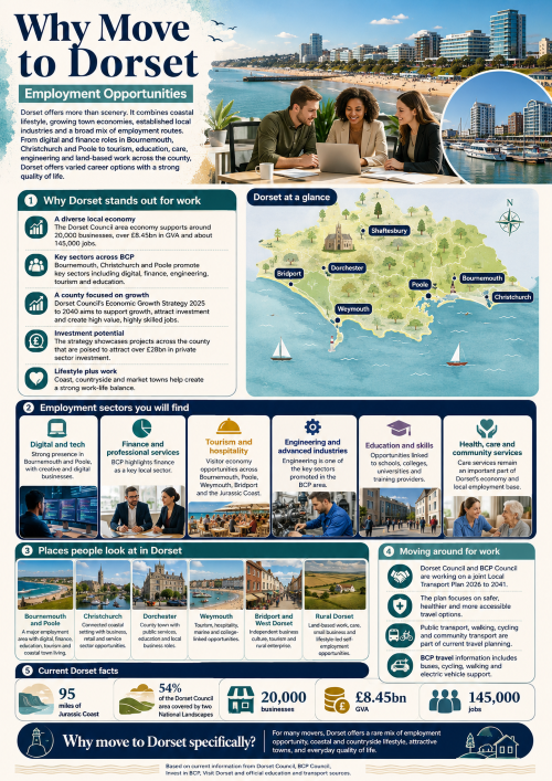 Infographic titled “Why Move to Dorset: Employment Opportunities”, showing Bournemouth’s coastline, people working on laptops, Poole Harbour and a county map highlighting Bournemouth, Poole, Christchurch, Dorchester, Weymouth, Bridport and Shaftesbury. The graphic explains Dorset employment options across digital and tech, finance and professional services, tourism and hospitality, engineering, education, health, care and community services, alongside local economy facts including 20,000 businesses, £8.45bn GVA and around 145,000 jobs. Why Move to Dorset