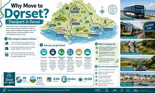 Infographic titled “Why Move to Dorset? Transport in Dorset”, showing an illustrated Dorset map with Bournemouth, Poole, Christchurch, Dorchester, Weymouth, Bridport and Shaftesbury, plus buses, rail links, cycling routes, road journeys and seaside towns. The graphic explains Dorset transport options including bus travel, rail connections, walking and cycling, BCP travel schemes, road access, community transport and Local Transport Plan improvements, alongside Dorset facts such as the Jurassic Coast, National Landscapes, local businesses, GVA and jobs. Why Move to Dorset