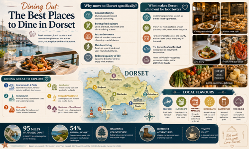 Infographic titled “Dining Out: The Best Places to Dine in Dorset”, showing seafood by the harbour, local produce, country pub dining, market town cafés and a Dorset map highlighting Bournemouth and Poole, Christchurch, Weymouth, Dorchester, Bridport and Shaftesbury. The graphic promotes Dorset’s dining scene, including fresh seafood, farmers’ markets, beach cafés, gastropubs, fine dining, local produce, countryside pubs and food-focused coastal living. Why Move to Dorset