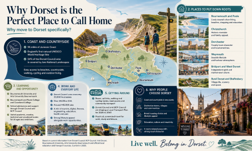 Infographic titled “Why Dorset is the Perfect Place to Call Home”, showing the Jurassic Coast, walkers on coastal paths, a Dorset map highlighting Bournemouth, Poole, Christchurch, Dorchester, Weymouth, Bridport and Shaftesbury, and panels on places to put down roots. The graphic explains why people move to Dorset, including coast and countryside, historic towns, family-friendly communities, education, work opportunities, transport links, outdoor living and a balanced quality of life. Why Move to Dorset