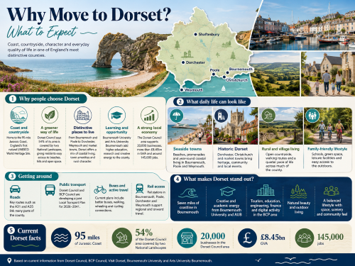 Infographic titled “Why Move to Dorset? Transport in Dorset”, showing an illustrated Dorset map with Bournemouth, Poole, Christchurch, Dorchester, Weymouth, Bridport and Shaftesbury, plus buses, rail links, cycling routes, road journeys and seaside towns. The graphic explains Dorset transport options including bus travel, rail connections, walking and cycling, BCP travel schemes, road access, community transport and Local Transport Plan improvements, alongside Dorset facts such as the Jurassic Coast, National Landscapes, local businesses, GVA and jobs. Why Move to Dorset