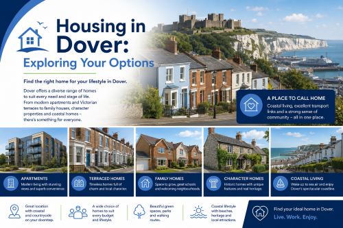 Branded housing in Dover illustration showing apartments, terraced homes, family houses, character properties, and coastal homes, with Dover Castle, the White Cliffs, harbour views, and blue sea scenery. Why Move to Dover