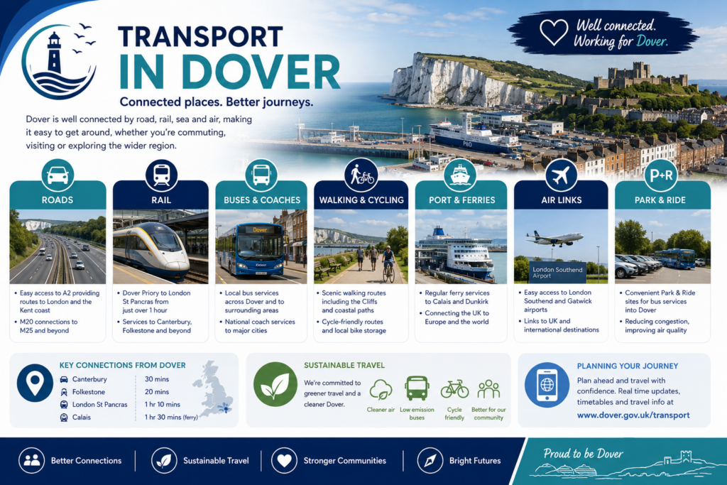 Branded transport in Dover illustration showing road, rail, bus, walking, cycling, port, ferry, air, and park and ride links, with Dover Harbour, the White Cliffs, Dover Castle, ferries, and coastal town scenery. Why Move to Dover