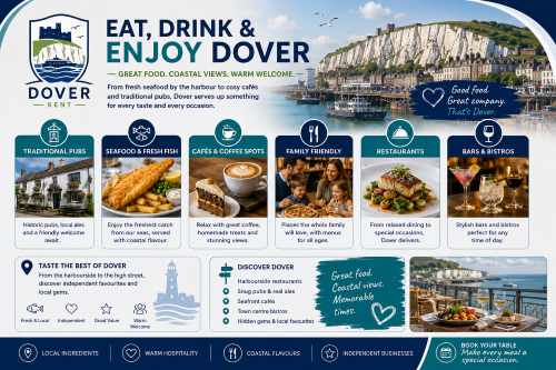 Branded dining in Dover illustration showing traditional pubs, seafood and fish, cafés, family-friendly dining, restaurants, bars and bistros, with Dover harbour, coastal views, the White Cliffs, and a Dover-themed crest. Why Move to Dover