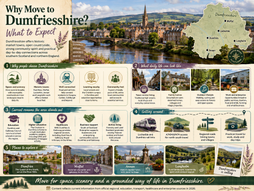 Infographic titled “Why Move to Dumfriesshire? What to Expect”, showing Dumfries by the River Nith, a map highlighting Dumfries, Annan, Lockerbie, Moffat and Langholm, and sections on countryside living, historic towns, community feel, education, healthcare, business support, transport links and outdoor activities across Dumfriesshire. Why Move to Dumfriesshire
