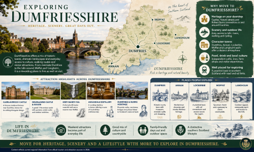 Infographic titled “Exploring Dumfriesshire”, showing Dumfries by the River Nith, a map highlighting Dumfries, Annan, Lockerbie, Moffat and Langholm, and key attractions across the area. The graphic promotes Dumfriesshire’s heritage, scenery and days out, including Caerlaverock Castle, Drumlanrig Castle, Grey Mare’s Tail, Annandale Distillery, Dumfries and Burns heritage, character towns, countryside access, food and drink, local culture and family-friendly places to explore. Why Move to Dumfriesshire