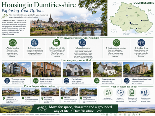 Infographic titled “Housing in Dumfriesshire: Exploring Your Options”, showing Dumfries by the River Nith, a map of Dumfriesshire highlighting Dumfries, Annan, Lockerbie, Moffat and Langholm, and housing choices such as town apartments, traditional terraces, family houses, country cottages and village homes. The graphic explains why buyers choose Dumfriesshire, including historic towns, road and rail links, education, healthcare, outdoor living, local amenities and countryside space. Why Move to Dumfriesshire