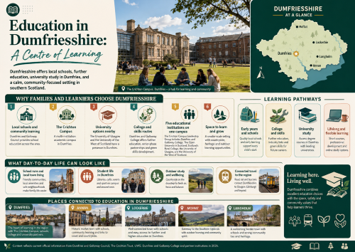 Infographic titled “Education in Dumfriesshire: A Centre of Learning”, showing students on The Crichton Campus in Dumfries, a map of Dumfriesshire highlighting Dumfries, Annan, Lockerbie, Moffat and Langholm, and sections on local schools, college routes, university options, lifelong learning, outdoor study, community life and regional transport links. Why Move to Dumfriesshire