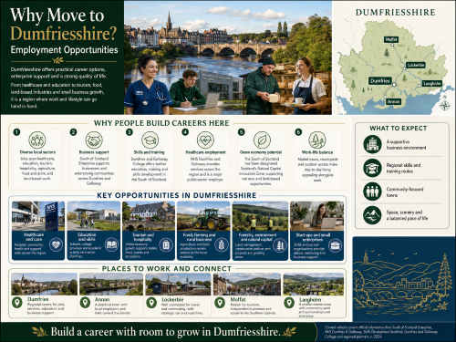Infographic titled “Why Move to Dumfriesshire? Employment Opportunities”, showing Dumfries, a Dumfriesshire map highlighting Dumfries, Annan, Lockerbie, Moffat and Langholm, and workplace scenes across healthcare, education, tourism, hospitality, farming, forestry and small business. The graphic explains career opportunities in Dumfriesshire, including NHS and care roles, college and skills routes, business support, green economy potential, local enterprise, community-focused towns and a balanced rural lifestyle. Why Move to Dumfriesshire