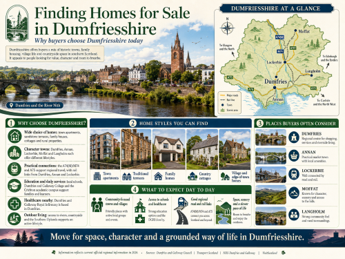 Infographic titled “Finding Homes for Sale in Dumfriesshire”, showing Dumfries beside the River Nith, a Dumfriesshire map highlighting Dumfries, Annan, Lockerbie, Moffat and Langholm, and housing options such as town apartments, traditional terraces, family homes, country cottages and village homes. The graphic explains why buyers choose Dumfriesshire, including character towns, road and rail links, schools, healthcare, countryside space and a slower pace of life. Why Move to Dumfriesshire