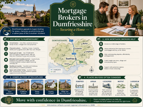 Infographic titled “Mortgage Brokers in Dumfriesshire: Securing a Home”, showing Dumfries by the River Nith, a mortgage advice meeting, and a map of Dumfriesshire highlighting Dumfries, Annan, Lockerbie, Moffat and Langholm. The graphic explains why buyers move to Dumfriesshire, including varied homes, character towns, road and rail links, education, healthcare, countryside space and outdoor living, while showing how mortgage brokers can help with lender access, affordability, paperwork, local property insight and protection options. Why Move to Dumfriesshire