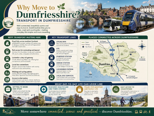 Infographic titled “Why Move to Dumfriesshire? Transport in Dumfriesshire”, showing Dumfries by the River Nith, a train, bus and a map of Dumfriesshire highlighting Dumfries, Annan, Lockerbie, Moffat and Langholm. The graphic explains local transport links, including the A74(M)/M74, A75, rail access from Dumfries, Annan and Lockerbie, local bus services, walking and cycling routes, and connections to Glasgow, Carlisle, Edinburgh, town centres, healthcare, shopping and countryside. Why Move to Dumfriesshire