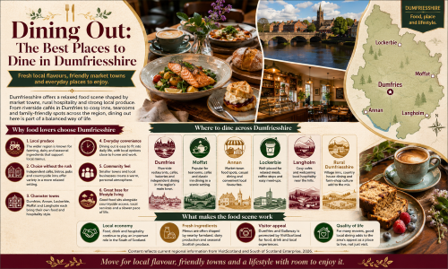 Infographic titled “Dining Out: The Best Places to Dine in Dumfriesshire”, showing local dishes, café culture, Dumfries by the River Nith, and a map highlighting Dumfries, Annan, Lockerbie, Moffat and Langholm. The graphic promotes Dumfriesshire’s relaxed food scene, including riverside cafés, market-town dining, cosy inns, tearooms, local produce, rural hospitality, fresh ingredients and everyday places to eat across the region. Why Move to Dumfriesshire