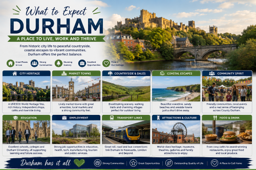 Things to do in Durham collage showing the city skyline, cathedral, river, countryside, heritage sites and local attractions. Why Move to Durham