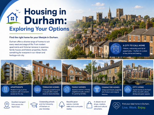 Branded housing in Durham illustration showing apartments, Victorian terraced homes, family houses, character properties, city living, Durham Cathedral, historic rooftops, river views, and green spaces. Why Move to Durham