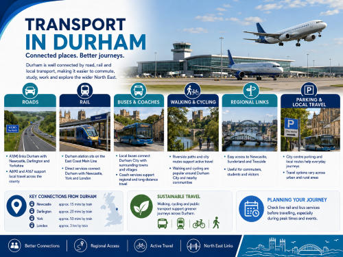 Transport in Durham infographic showing local travel links by road, rail, bus, air and cycling. Why Move to Durham