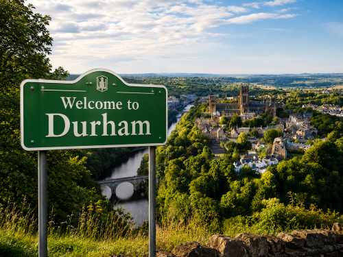 Welcome to Durham road sign overlooking Durham Cathedral, the River Wear, stone bridge, woodland, and surrounding countryside. Why Move to Durham