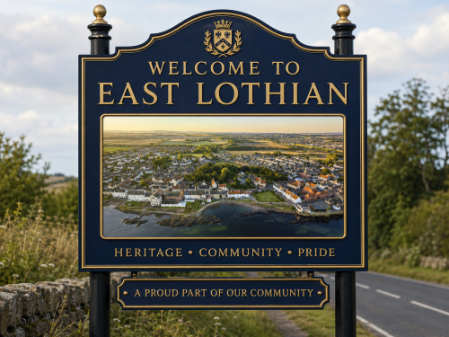 Welcome to East Lothian road sign featuring gold lettering, a crest, and an aerial coastal view with houses, shoreline, countryside, and sea. Why Move to East Lothian