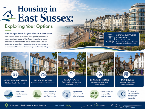 Housing in East Sussex infographic showing seafront apartments, terraced homes, family homes, character cottages and town living options. Why Move to East Sussex