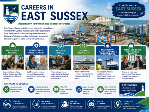 Careers in East Sussex infographic showing employment opportunities in education, healthcare, creative, tourism, port logistics, business and professional services. Why Move to East Sussex