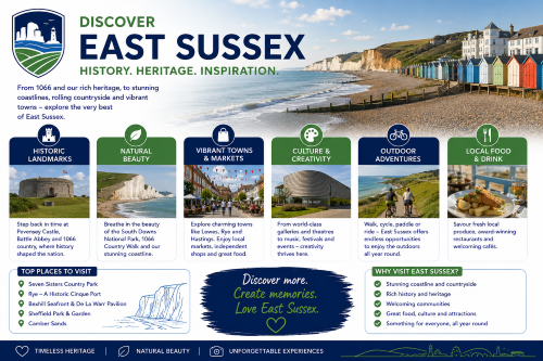 Discover East Sussex infographic showing coastal scenery, historic landmarks, South Downs, vibrant towns, culture, outdoor activities and local food. Why Move to East Sussex