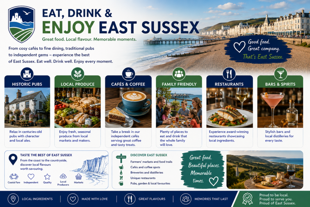 Eat, Drink and Enjoy East Sussex infographic showing coastal dining, historic pubs, local produce, cafés, family restaurants, bars and local food experiences. Why Move to East Sussex