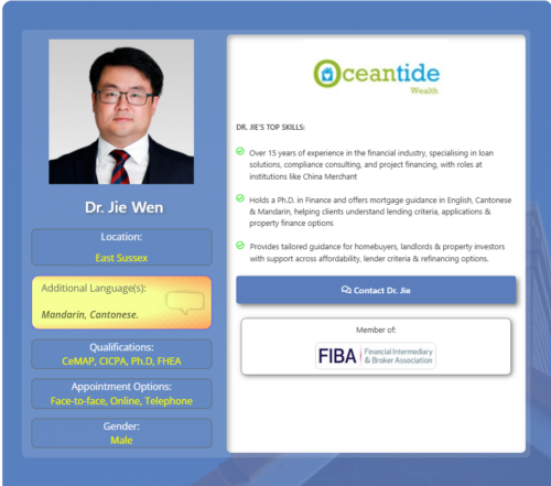 Profile card for Dr. Jie Wen, a mortgage adviser in East Sussex, showing his photo, qualifications, languages, appointment options, top skills and contact details. Why Move to East Sussex