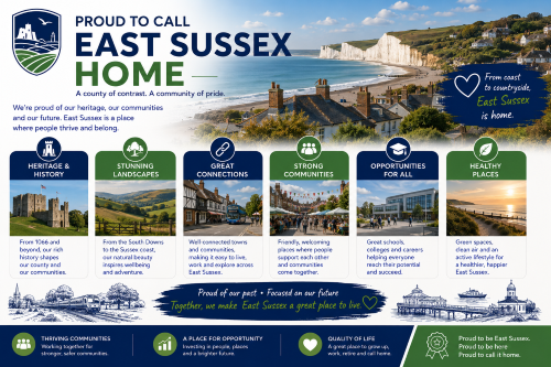 Proud to call East Sussex home infographic showing coastal cliffs, heritage sites, countryside, transport links, community, education and green spaces. Why Move to East Sussex