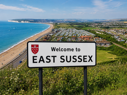 Welcome to East Sussex road sign overlooking a sweeping coastal landscape with a long beach, seafront homes, green hills, and distant white cliffs under a clear blue sky. Why Move to East Sussex