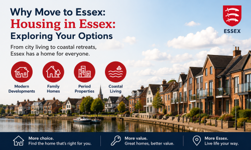 “Why Move to Essex housing guide showcasing housing options in Essex, including modern developments, family homes, period properties, and coastal living, set against a scenic waterfront community highlighting the variety of homes available across Essex.”