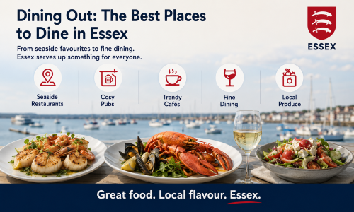 “Why Move to Essex dining guide showing seafood and local dishes beside an Essex waterfront, highlighting seaside restaurants, cosy pubs, trendy cafés, fine dining, and local produce across Essex.”