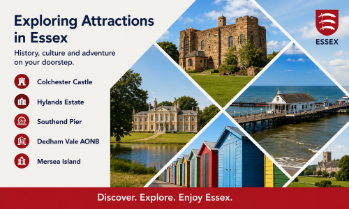“Why Move to Essex attractions guide showcasing Colchester Castle, Hylands Estate, Southend Pier, Dedham Vale AONB, Mersea Island, colourful beach huts, and coastal heritage across Essex.”