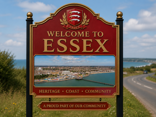 Welcome to Essex road sign in county red and gold, featuring the Essex crest with three seaxes and an aerial coastal view of the seafront, pier, and town. Why Move to Essex