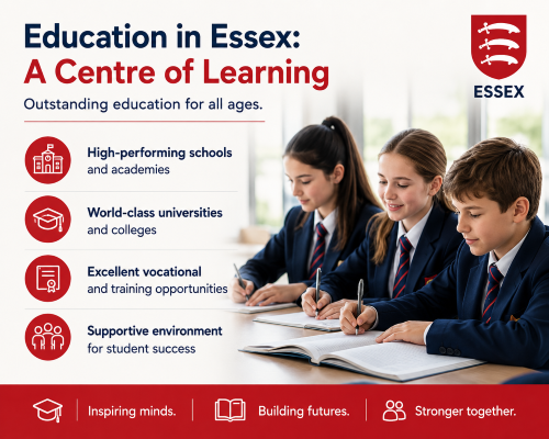 “Why Move to Essex education guide showcasing education opportunities in Essex, featuring high-performing schools, universities, vocational training, and supportive learning environments with students studying in a modern classroom.”
