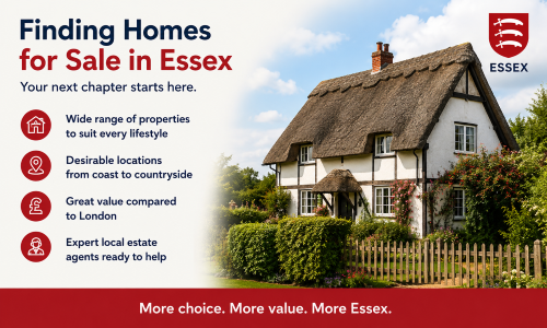 “Why Move to Essex homes for sale guide featuring a traditional Essex cottage, highlighting a wide range of properties, desirable coast-to-countryside locations, better value compared to London, and local estate agent support.”